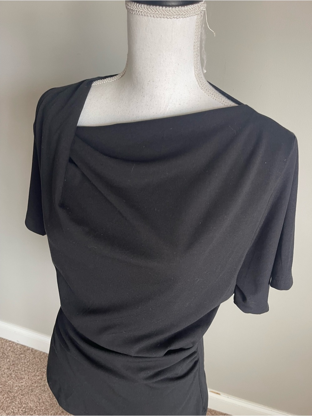 OGL | Black Asymmetrical Cowl Neck Ruched Top Sz L - Picture 5 of 10